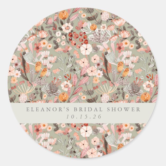 Rustikale Sage Taupe floral Boho Brautparty Custom Runder Aufkleber (Vorderseite)