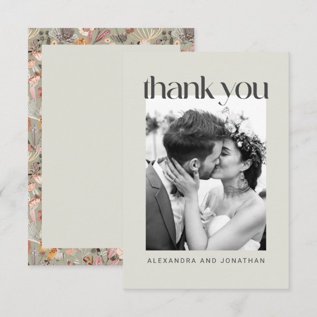 Rustikale Sage Taupe Floral Boho Foto Hochzeit Dankeskarte (Vorne/Hinten)