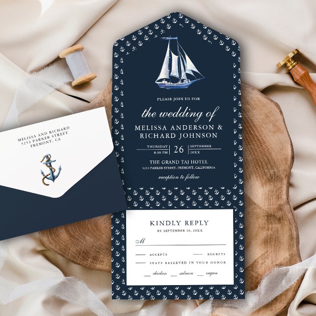 Rustikale Sailboat Nautical Navy Blue Wedding All In One Einladung (Von Creator hochgeladen)