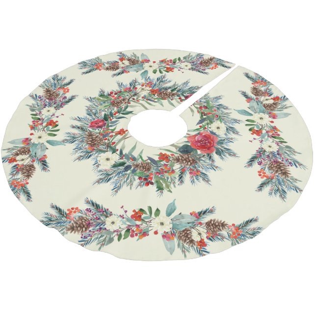 Rustikale saisonale Aquarellblüten Weihnachtselfen Polyester Weihnachtsbaumdecke (Schrägansicht)