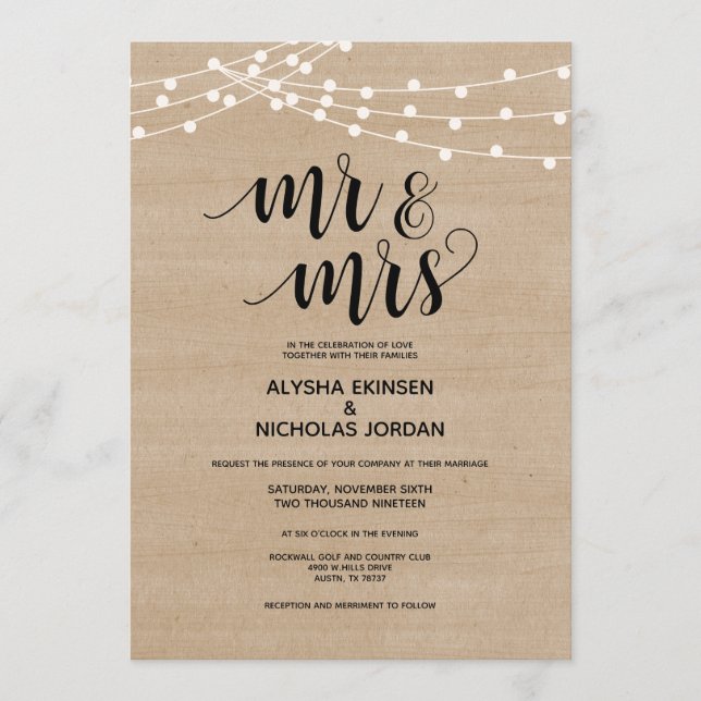 Rustikale Saitenleuchten Mr. und Mrs. Wedding Einl Programm (Vorderseite)