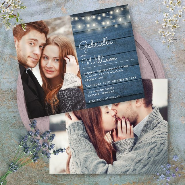 Rustikale Saitenlichter Foto Hochzeit Einladung (Budget Rustic String Lights Photo Wedding Invite)