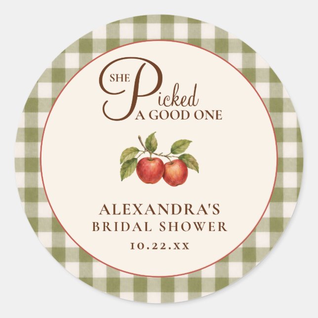 Rustikale Salbeigrüne Gingham-Apfel-Brautparty Runder Aufkleber (Vorderseite)