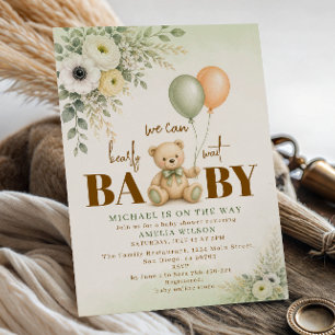 Rustikale Salbeigrüne Teddybär-Ballon-Baby-Party Einladung