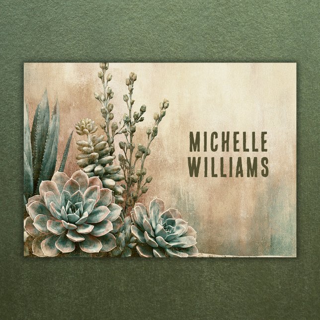 Rustikale Salbeigrüne Wüsten-Sukkulente QR-Code Visitenkarte (Front - Rustic Sage Green Desert Succulent QR Code Business Card)