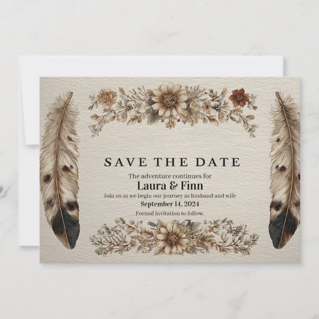 Rustikale "Save the Date"-Karte mit Federn und Blu Einladung (Vorderseite)
