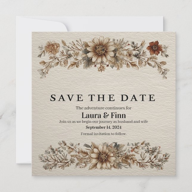 Rustikale "Save the Date" Karte mit Federn und Flo (Vorderseite)