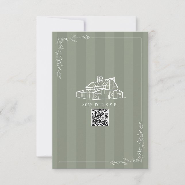 Rustikale Scheune Sage Green QR-Code Hochzeit Stre RSVP Karte (Vorderseite)