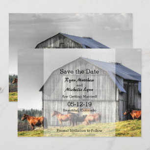 Rustikale Scheune und Pferde Save the Date Hochzei Einladung