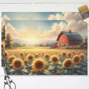 Rustikale Scheune und Sonnenblumen Aquarell-Dekoup Seidenpapier