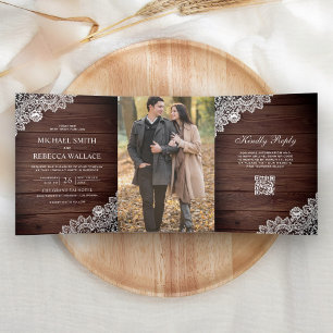 Rustikale Scheunen-Hochzeit mit Holz-Lace-Foto-QR- Dreifach Gefaltete Einladung
