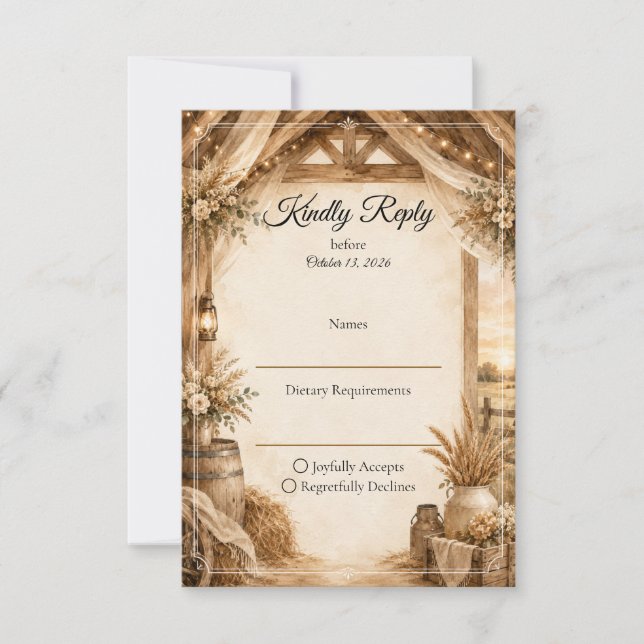 Rustikale Scheunenhochzeit RSVP Karte (Vorderseite)