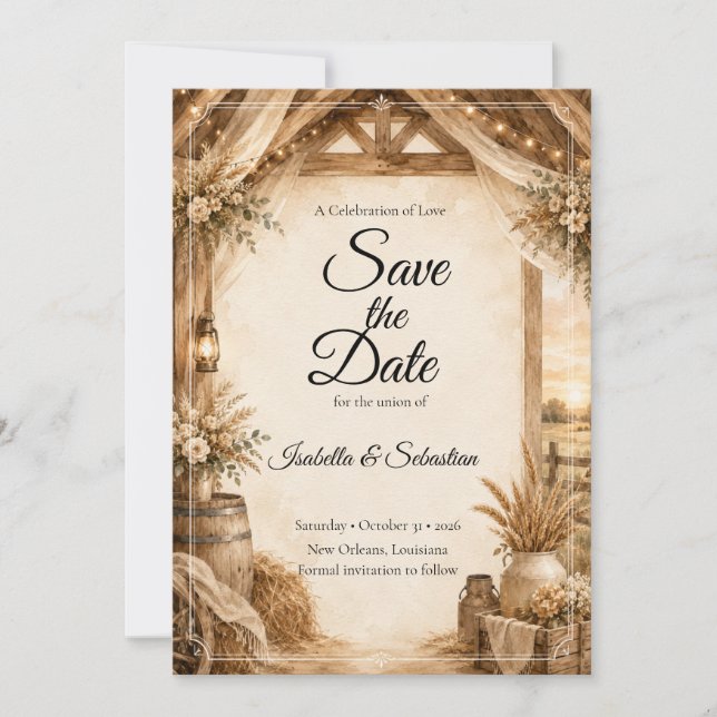 Rustikale Scheunenhochzeit Save The Date (Vorderseite)