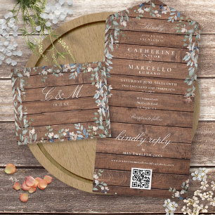 Rustikale Scheunenholz-Blumen-Grün-QR-Code-Hochzei All In One Einladung