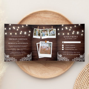 Rustikale Scheunenholz-Lichterketten-Foto-Hochzeit Dreifach Gefaltete Einladung