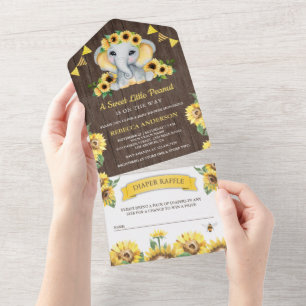 Rustikale Scheunenholz-Sonnenblumen-Elefanten-Baby All In One Einladung