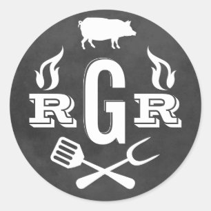 Rustikale Schiefertafel-Schweinebraten-BBQ-Monogra Runder Aufkleber