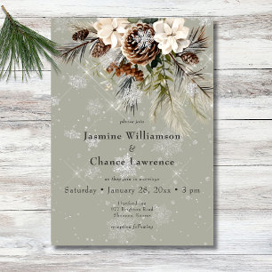 Rustikale Schneefall Pine & White Floral Sage Hoch Einladung