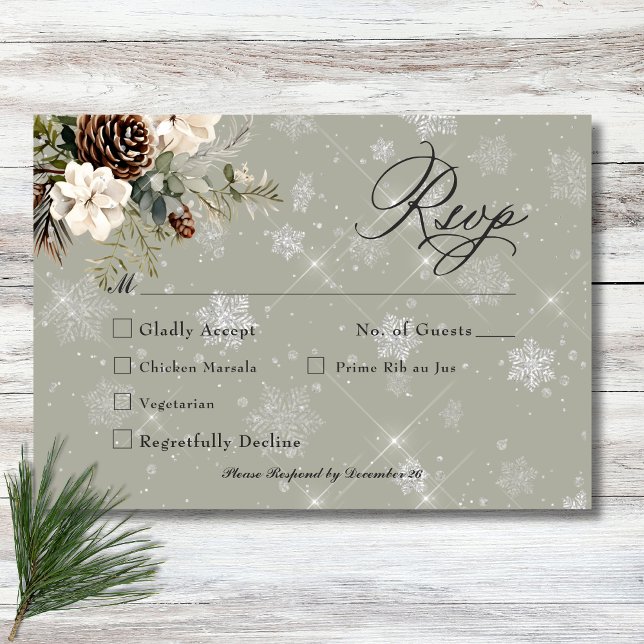 Rustikale Schneefall Pine & White Floral Sage Hoch RSVP Karte (Rustic Snowfall Pine & White Floral Sage Wedding RSVP Card)