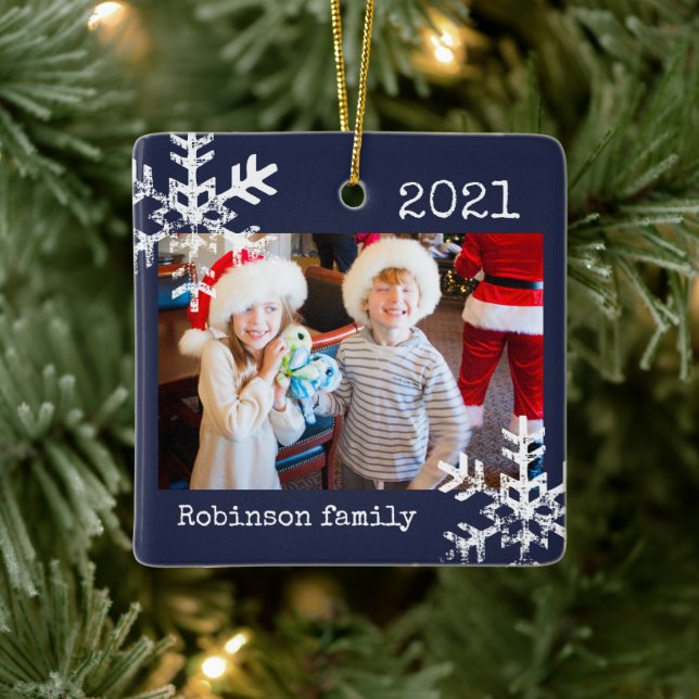 Rustikale Schneeflocken-Familie, blau Keramikornament (Baum)