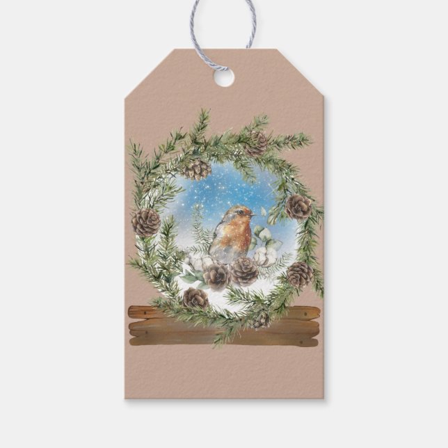 Rustikale Schneeschlittenglocke und Vogelgeschenkm Geschenkanhänger (Vorderseite)
