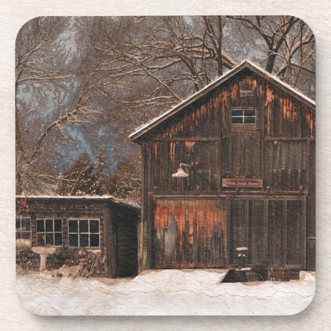 Rustikale Schneeszene und Vintage Hütte Getränkeuntersetzer (Vorderseite)