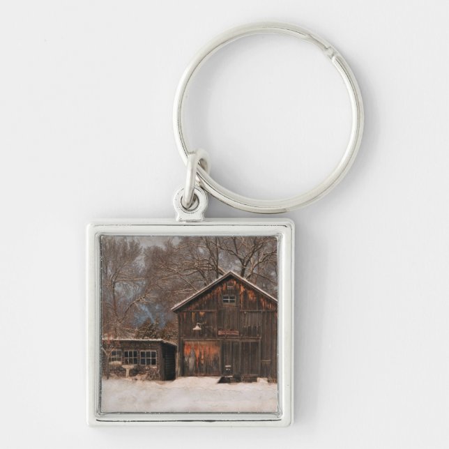 Rustikale Schneeszene und Vintage Hütte Schlüsselanhänger (Vorne)