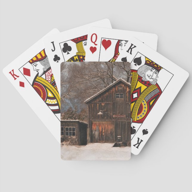 Rustikale Schneeszene und Vintage Hütte Spielkarten (Rückseite)