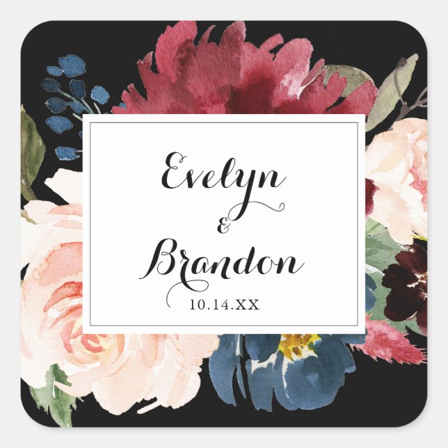Rustikale Schwarz-Botanische Hochzeitssemble-Umsch Quadratischer Aufkleber (Vorderseite)