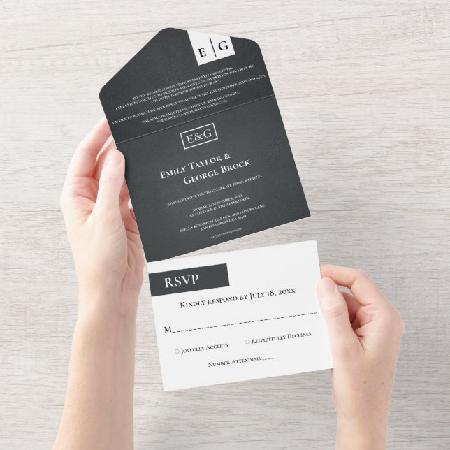 Rustikale Schwarz-Weiß-Monogramm Moderne Hochzeit All In One Einladung (Abreißen)
