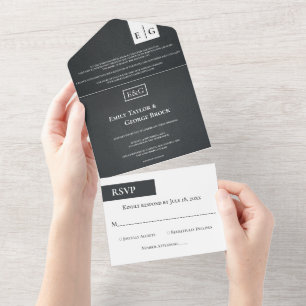 Rustikale Schwarz-Weiß-Monogramm Moderne Hochzeit All In One Einladung