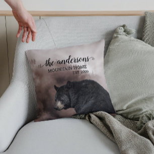 Rustikale Schwarzbär-Waldhaus-Deko-Monogramm Kissen