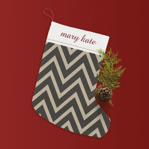 Rustikale schwarze Imitate Burlap Zickzack Pattern Kleiner Weihnachtsstrumpf