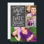 Rustikale Script Chalkboard Wedding Black Save The Date<br><div class="desc">Whimsikale und einzigartige zweiseitige Foto Collage Ankündigung Karte speichern die Daten mit einem rustikalen strukturierten Look Blackboard Hintergrund mit handgeschriebenen Stil Schriftart,  die ein weißes Kreide Aussehen. Personalisieren Sie mit den Hochzeitsdetails und drei (3) beliebten Verlobung-Fotos.</div>