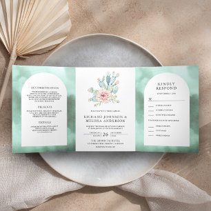 Rustikale Seafoam Arch Wüste Blumenkaktus Hochzeit Dreifach Gefaltete Einladung