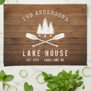 Rustikale See House Boat Oars Trees Wood Print Geschirrtuch