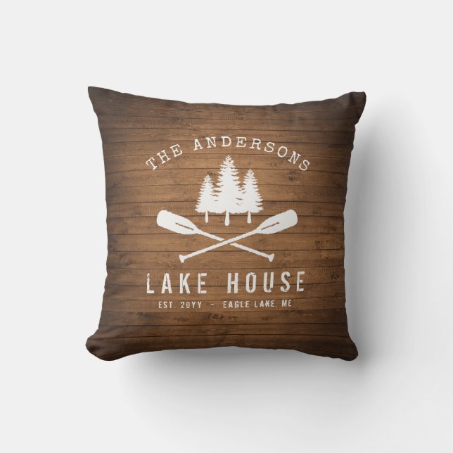 Rustikale See House Boat Oars Trees Wood Print Kissen (Vorderseite)