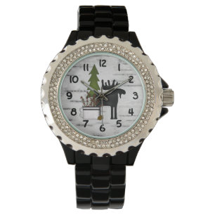 Rustikale Silhouette Elche und Bäume auf Birch Armbanduhr