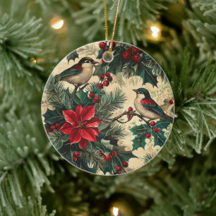 Rustikale Singvogel-Weihnachtsstern-Winter-Cream-B Keramik Ornament