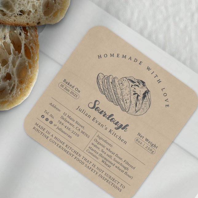 Rustikale Sketch-Eigenmarke Sourdough Hütte Label Quadratischer Aufkleber (Rustic Sketch Homemade Sourdough Cottage Law Label)