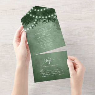 Rustikale Smaragdgrüne Baum-Lichterkette Hochzeit All In One Einladung