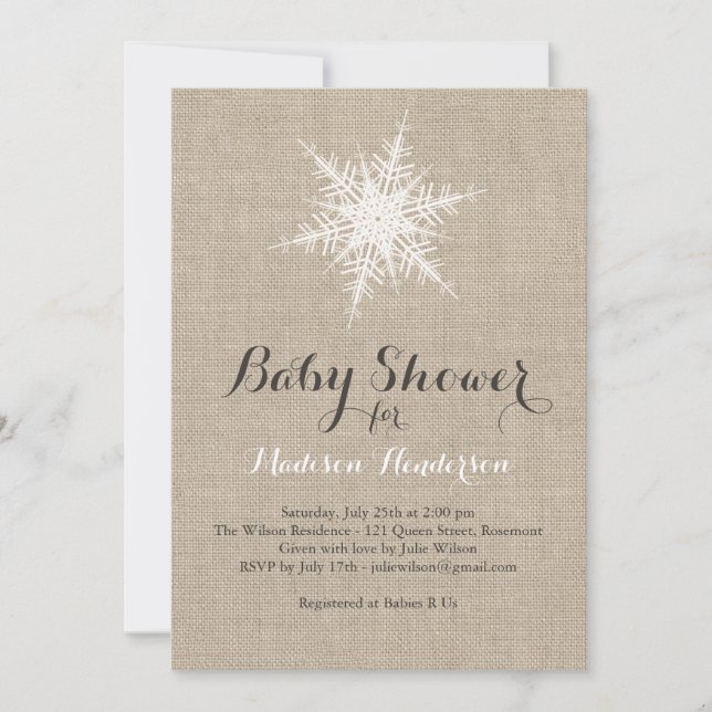 Rustikale Snowflake Babydusche Einladung (Vorderseite)