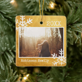 Rustikale Snowflake-Familie Gold Keramikornament