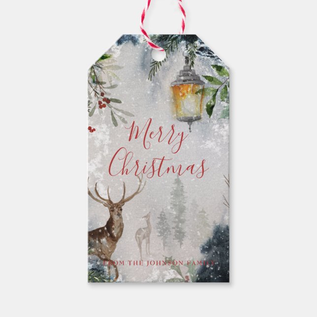 Rustikale Snowy Christmas Deer Tree Lantern Gift T Geschenkanhänger (Vorderseite)