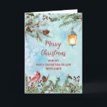 Rustikale Son & Daughter im Gesetz frohe Weihnacht Karte<br><div class="desc">Frohe Weihnachten für Sohn und Tochter in der Rechtskarte mit grünem Aquarell,  einem Kardinal und rustikalen Laterne und nachdenklichen Vers.</div>