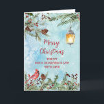 Rustikale Son & Daughter im Gesetz frohe Weihnacht Karte<br><div class="desc">Frohe Weihnachten für Sohn und Tochter in der Rechtskarte mit grünem Aquarell,  einem Kardinal und rustikalen Laterne und nachdenklichen Vers.</div>