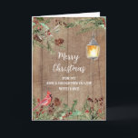 Rustikale Son & Daughter im Gesetz frohe Weihnacht Karte<br><div class="desc">Fröhliche Weihnachten für Sohn und Tochter in der Rechtskarte mit grünem Aquarell,  Holzmuster,  einem Kardinal und rustikaler Laterne und nachdenklichem Vers.</div>