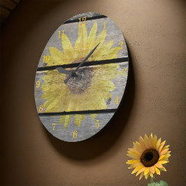 Rustikale Sonnenblume auf Holz Große Wanduhr