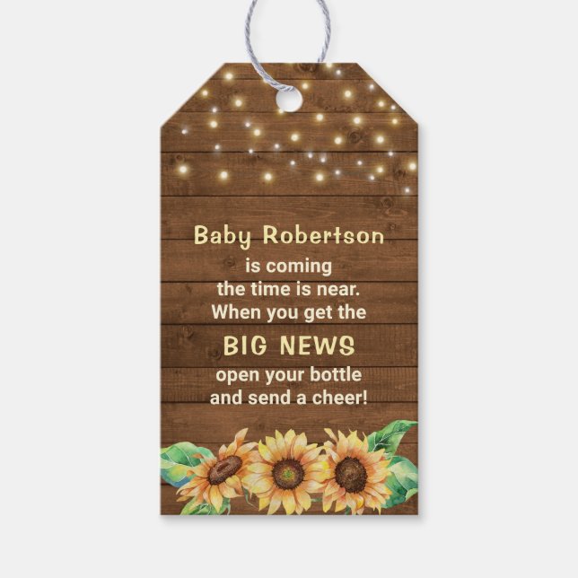 Rustikale Sonnenblume Baby Dusche Mini Flasche Gef Geschenkanhänger (Vorderseite)