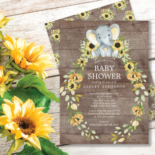 Rustikale Sonnenblume & Baby Elephant Baby Dusche Einladung